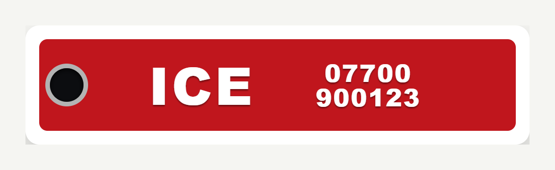 Red ICE emergency motorcycle key tag design with white text and contact number