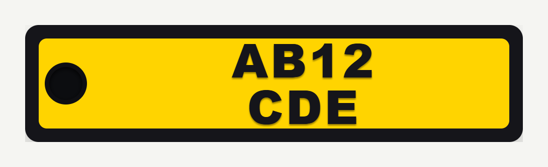 Yellow motorcycle key tag design showing a registration plate AB12 CDE