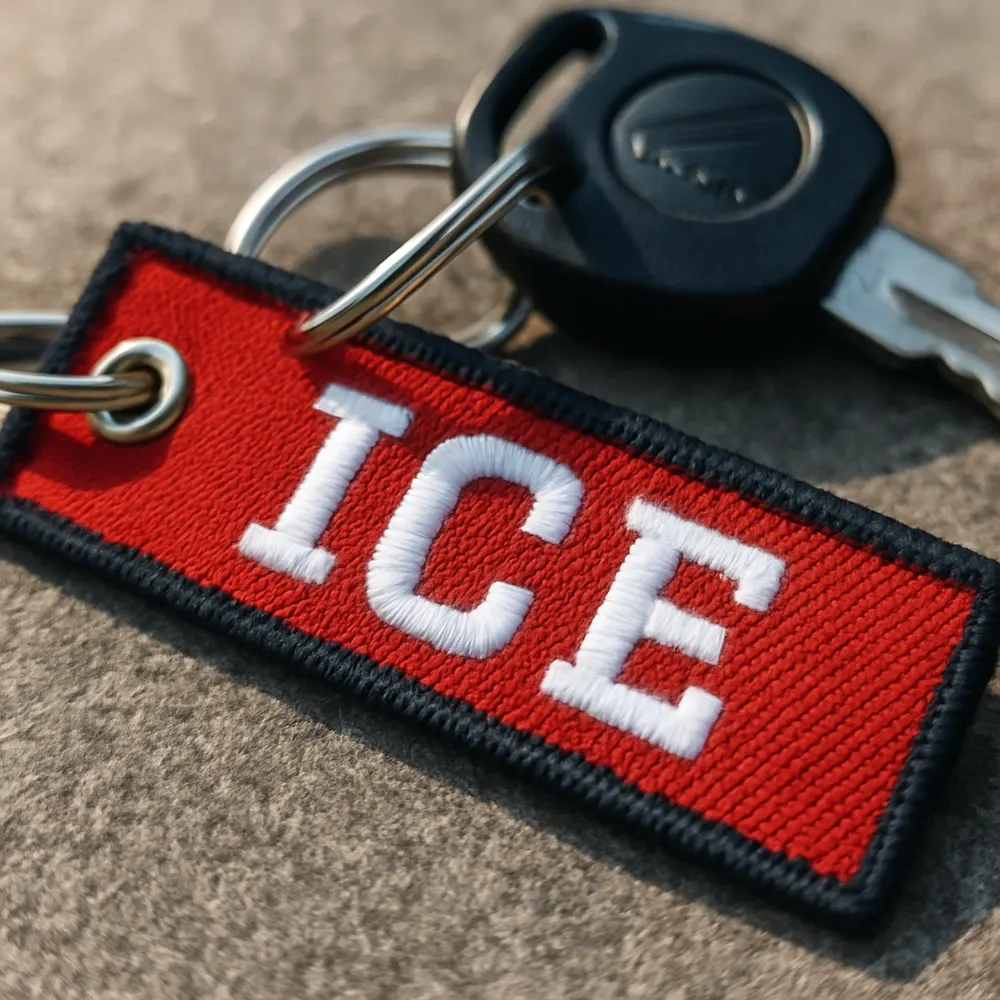 Personalised woven bike key tag attached to a set of keys